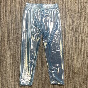 New Metallic Leggings High Waisted Kids Yoga Pants Shiny Blue Size‎ 6-7 M